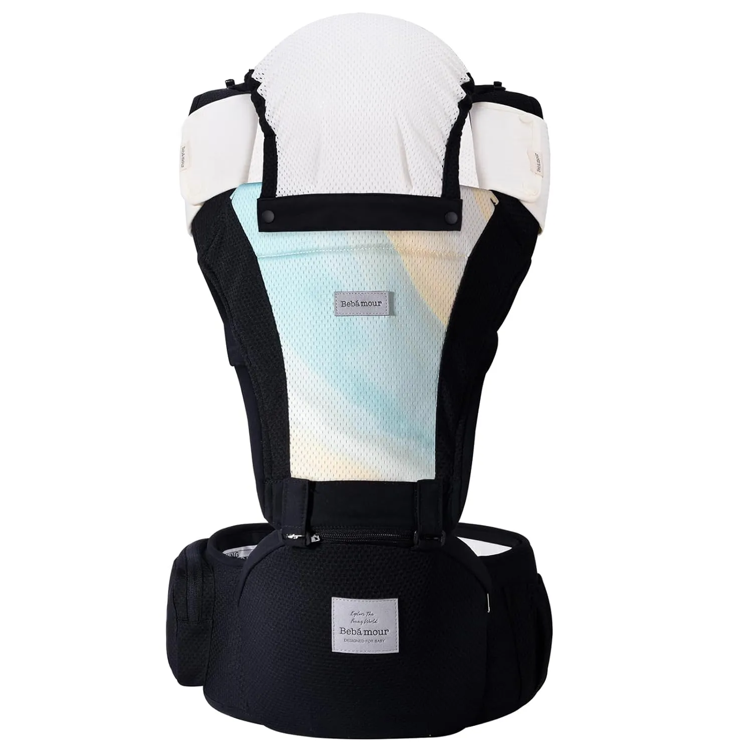 Bebamour Baby Carrier Newborn to Toddler-2 in 1 Hip Seat & Carrier Front and Back Carry with Head Hood & 3 Pieces Teething Pads& Waist Extenders & Storage Bag 0-36 Months (New Black)