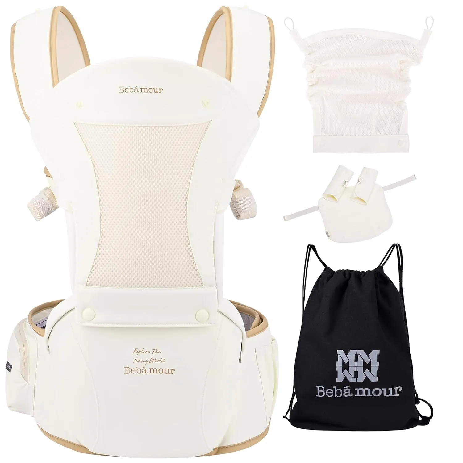 Bebamour Baby Carrier with Hip Seat,All-Position Breathable Mesh Hip Seat & Carrier 0-36Months with Head Hood, 3 PCS Teething Pads, Waist Extender,Storage Bag & Pacifier Case(Khaki)