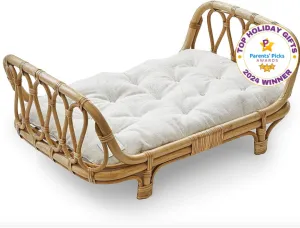 BEBE BASK Large Premium Rattan Doll Bed 20 x 12 x 10- Handcrafted & Award-Winning - Sized for 18-Inch Dolls - Fits American Girl & Our Generation - Luxe Mattress - Baby Photoshoot Props (Large)