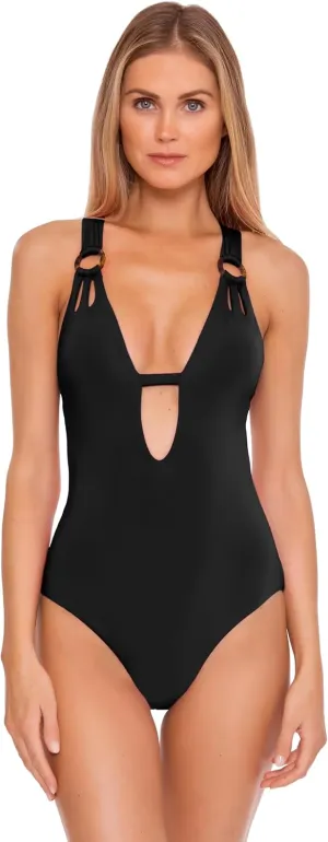 BECCA Women's Color Code One Piece Swimsuit, Plunge Neck, Ring Straps, Cut Out Detail, Bathing Suits