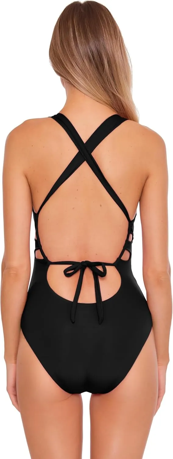BECCA Women's Color Code One Piece Swimsuit, Plunge Neck, Ring Straps, Cut Out Detail, Bathing Suits