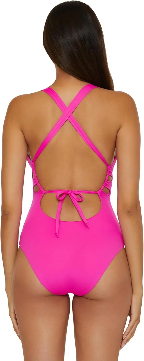 BECCA Women's Color Code One Piece Swimsuit, Plunge Neck, Ring Straps, Cut Out Detail, Bathing Suits