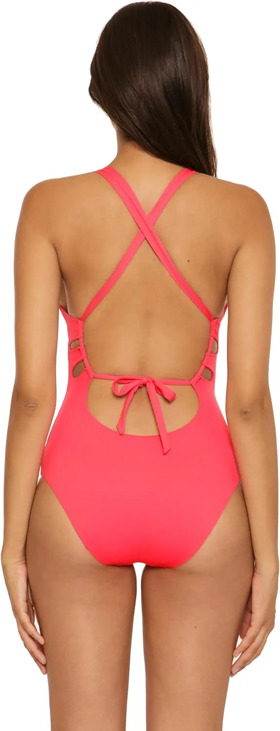 BECCA Women's Color Code One Piece Swimsuit, Plunge Neck, Ring Straps, Cut Out Detail, Bathing Suits