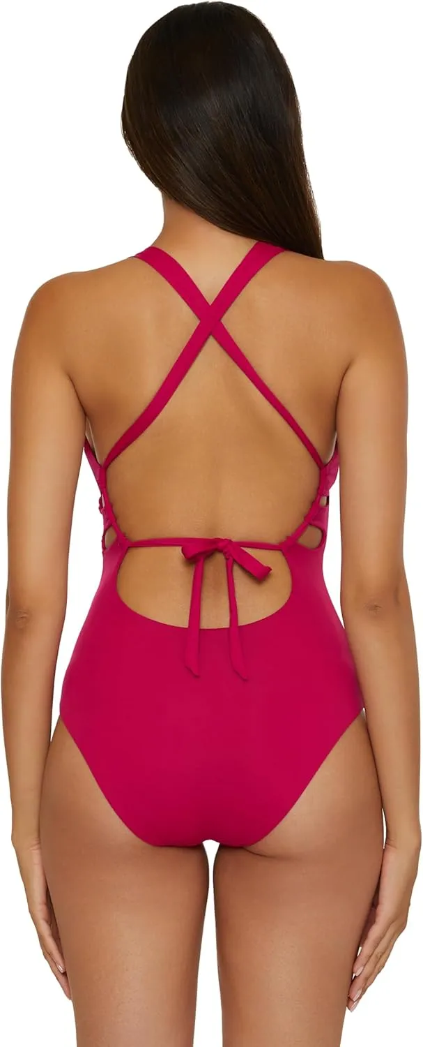 BECCA Women's Color Code One Piece Swimsuit, Plunge Neck, Ring Straps, Cut Out Detail, Bathing Suits