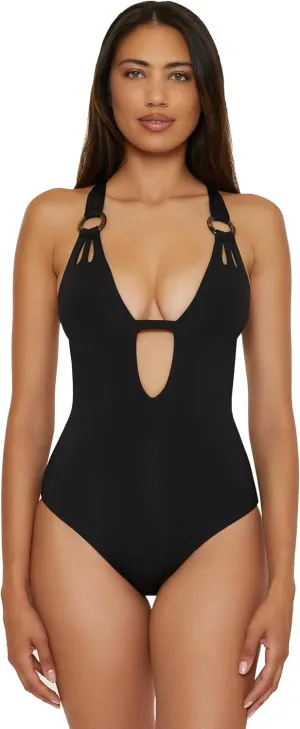 BECCA Women's Color Code One Piece Swimsuit, Plunge Neck, Ring Straps, Cut Out Detail, Bathing Suits