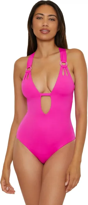 BECCA Women's Color Code One Piece Swimsuit, Plunge Neck, Ring Straps, Cut Out Detail, Bathing Suits