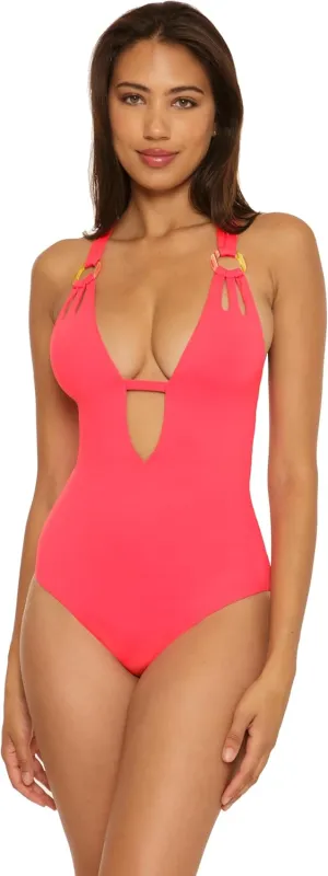 BECCA Women's Color Code One Piece Swimsuit, Plunge Neck, Ring Straps, Cut Out Detail, Bathing Suits