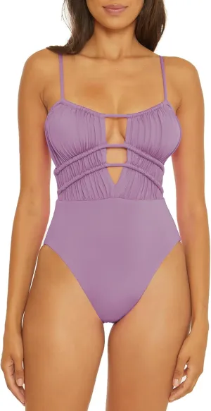 BECCA Women's Standard Color Code Shirred One Piece Swimsuit, Plunge Neck, Bathing Suits