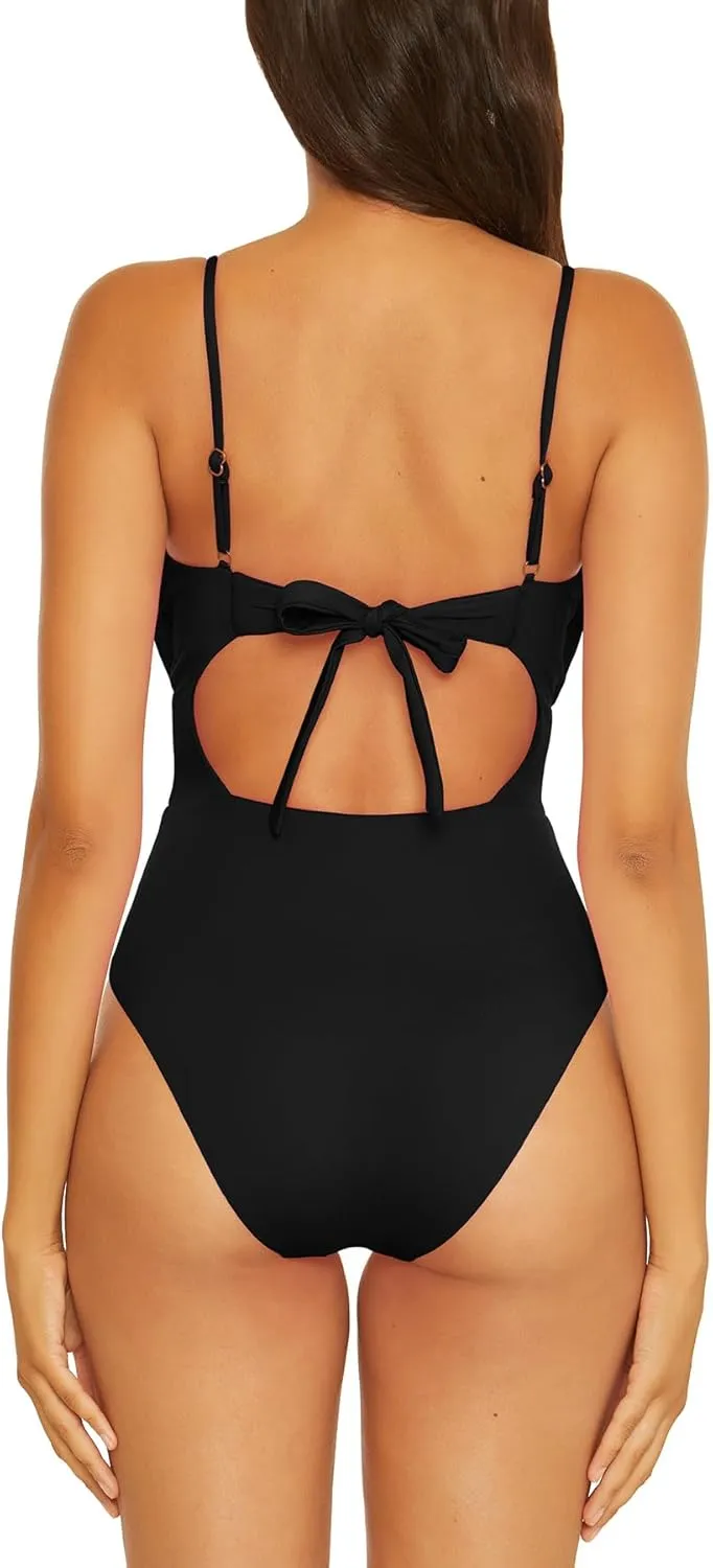 BECCA Women's Standard Color Code Shirred One Piece Swimsuit, Plunge Neck, Bathing Suits