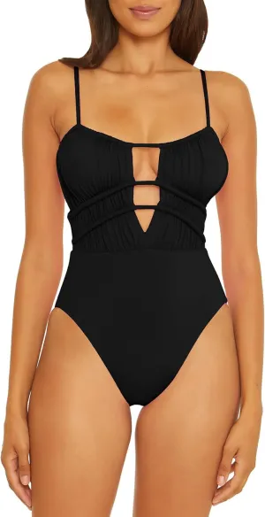 BECCA Women's Standard Color Code Shirred One Piece Swimsuit, Plunge Neck, Bathing Suits