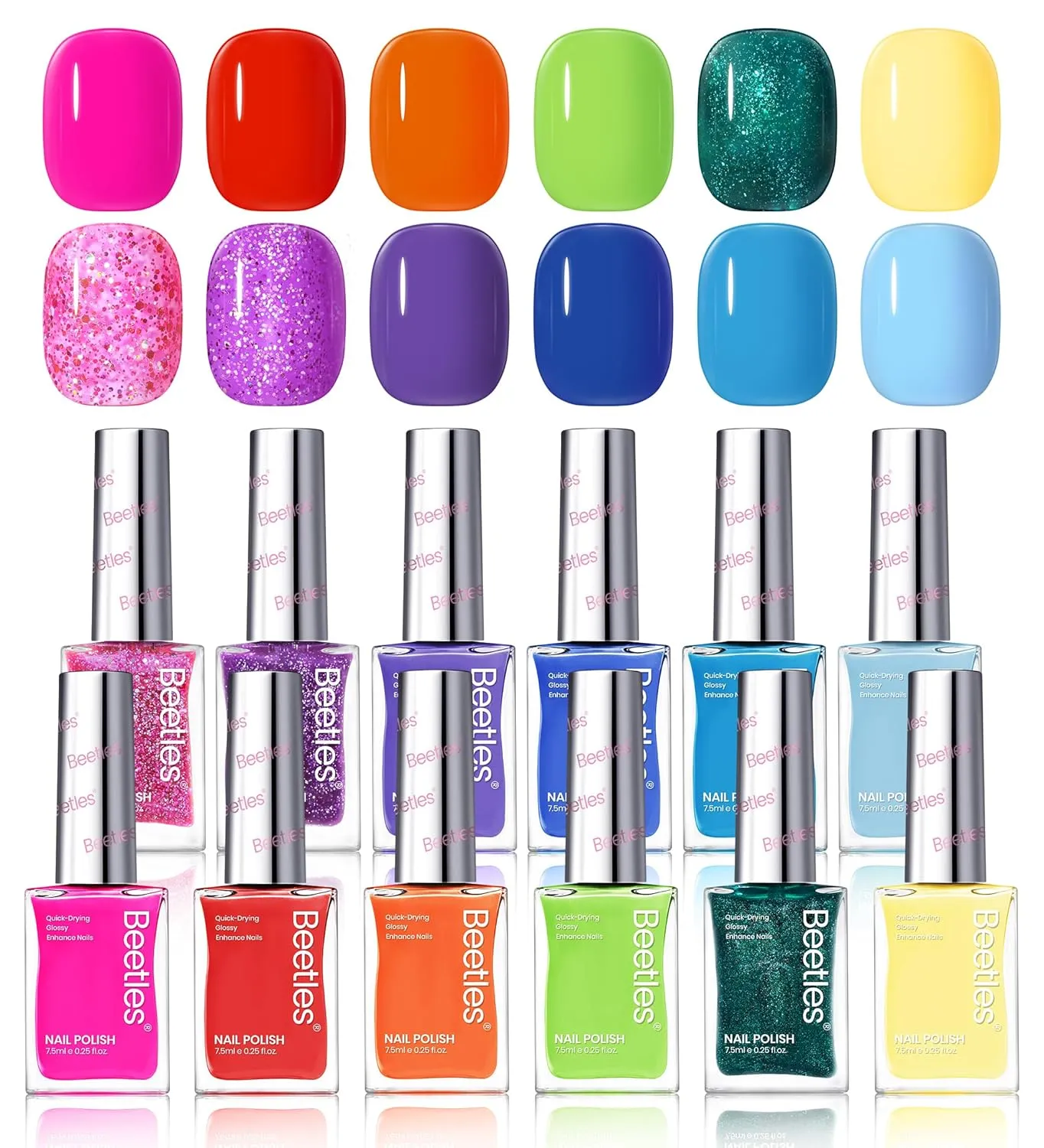 Beetles Quick Dry Nail Polish Set - Glitter Neon Nail Polish Kit 12 Colors Pink Green Blue Yellow Red Regular Air Dry Fingernail Polish Pack for Women Gift Beetles 12 ColorsS
