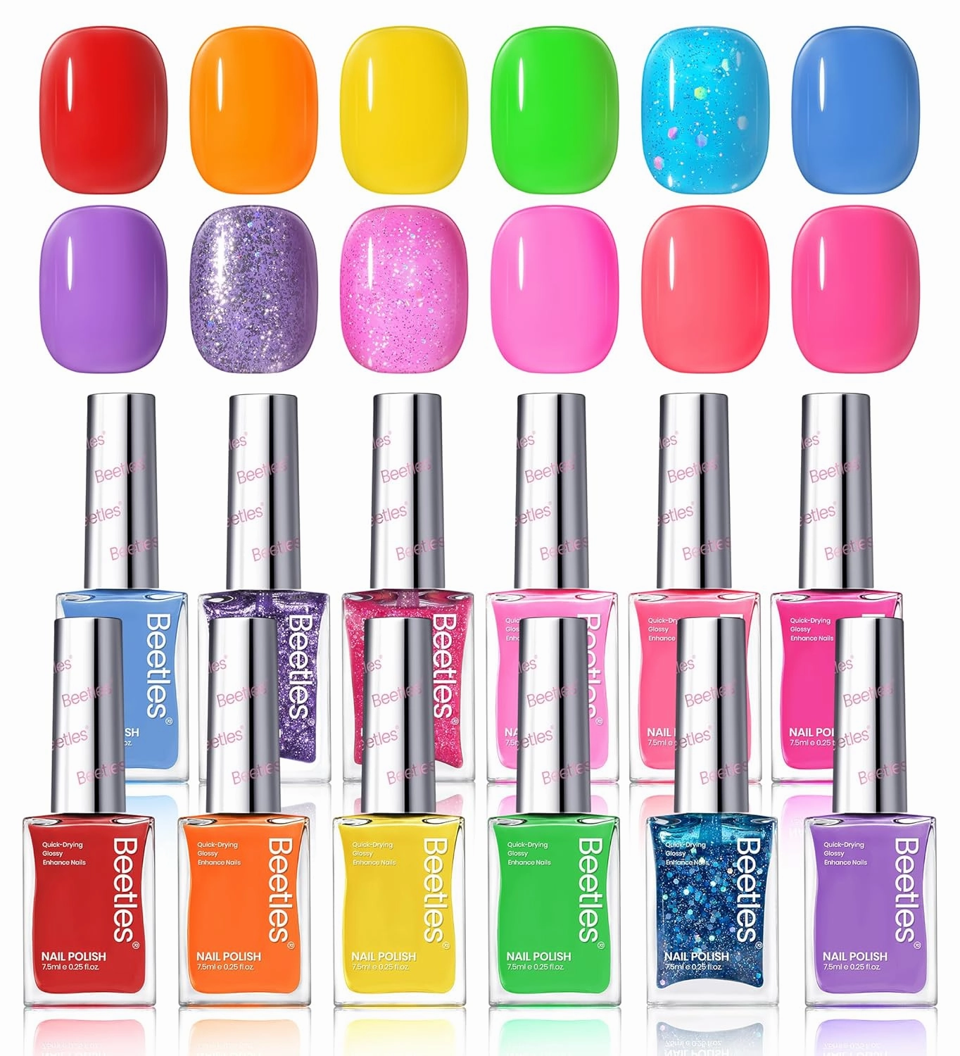 Beetles Nail Polish Set 12 Colors Neon Hot Pink Blue Purple Bright Nail Polish Summer Glitter Nail Polish Kit Air Quick Dry Fingernail Polish Diy Nail Art Set Home
