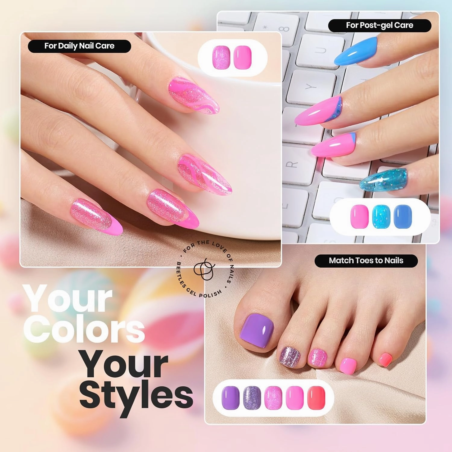 Beetles Nail Polish Set 12 Colors Neon Hot Pink Blue Purple Bright Nail Polish Summer Glitter Nail Polish Kit Air Quick Dry Fingernail Polish Diy Nail Art Set Home