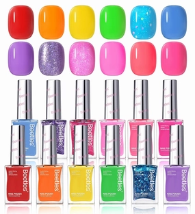 Beetles Nail Polish Set 12 Colors Neon Hot Pink Blue Purple Bright Nail Polish Summer Glitter Nail Polish Kit Air Quick Dry Fingernail Polish Diy Nail Art Set Home