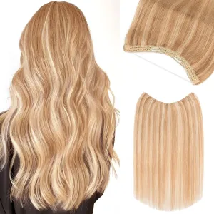 Benehair Halo Hair Extensions Real Human Hair 16 Inch Halo Extensions for Women 100% Human Hair Invisible Wire Hair Extensions Golden Brown Hightlights Bleach Blonde #12P613