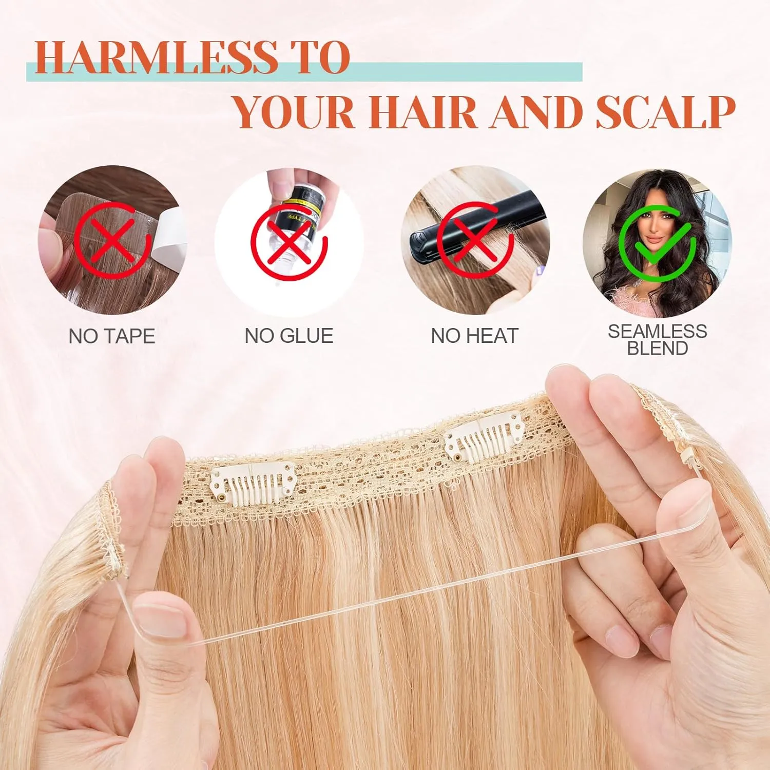 Benehair Halo Hair Extensions Real Human Hair 16 Inch Halo Extensions for Women 100% Human Hair Invisible Wire Hair Extensions Golden Brown Hightlights Bleach Blonde #12P613