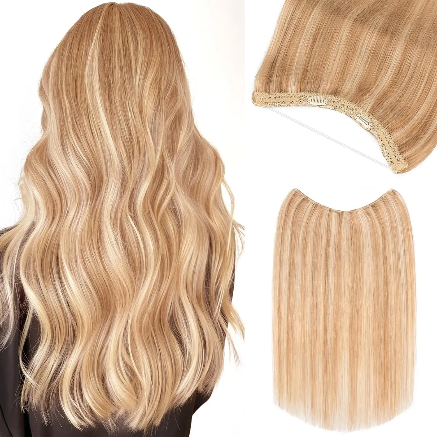 Benehair Halo Hair Extensions Real Human Hair 16 Inch Halo Extensions for Women 100% Human Hair Invisible Wire Hair Extensions Golden Brown Hightlights Bleach Blonde #12P613