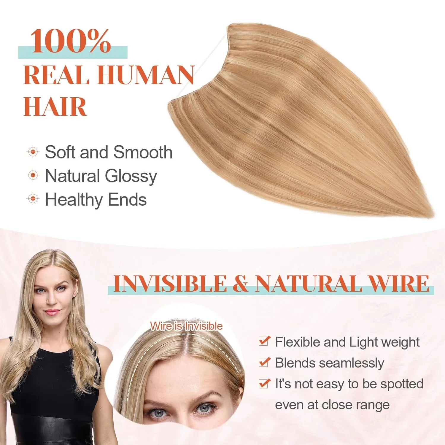 Benehair Halo Hair Extensions Real Human Hair 16 Inch Halo Extensions for Women 100% Human Hair Invisible Wire Hair Extensions Golden Brown Hightlights Bleach Blonde #12P613