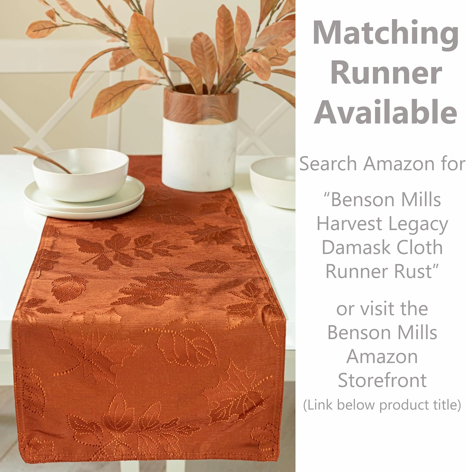Benson Mills Harvest Legacy Damask Fabric Table Cloth Fall, Harvest, and Thanksgiving Tablecloth (Rust/Burnt Orange, 60" x 120" Rectangular)