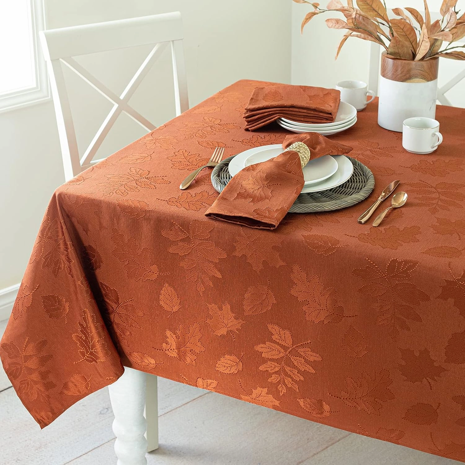 Benson Mills Harvest Legacy Damask Fabric Table Cloth Fall, Harvest, and Thanksgiving Tablecloth (Rust/Burnt Orange, 60" x 120" Rectangular)