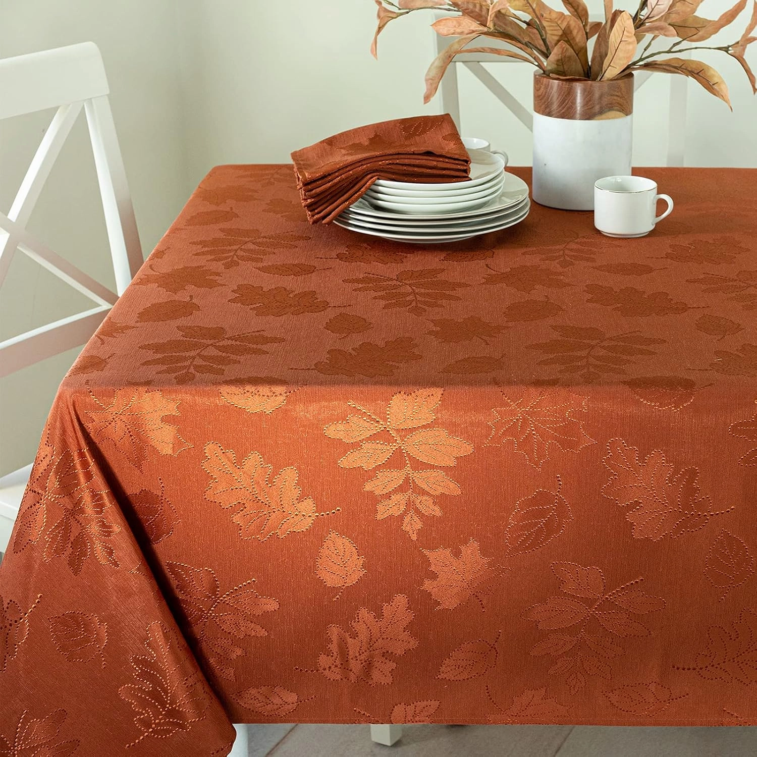 Benson Mills Harvest Legacy Damask Fabric Table Cloth Fall, Harvest, and Thanksgiving Tablecloth (Rust/Burnt Orange, 60" x 120" Rectangular)