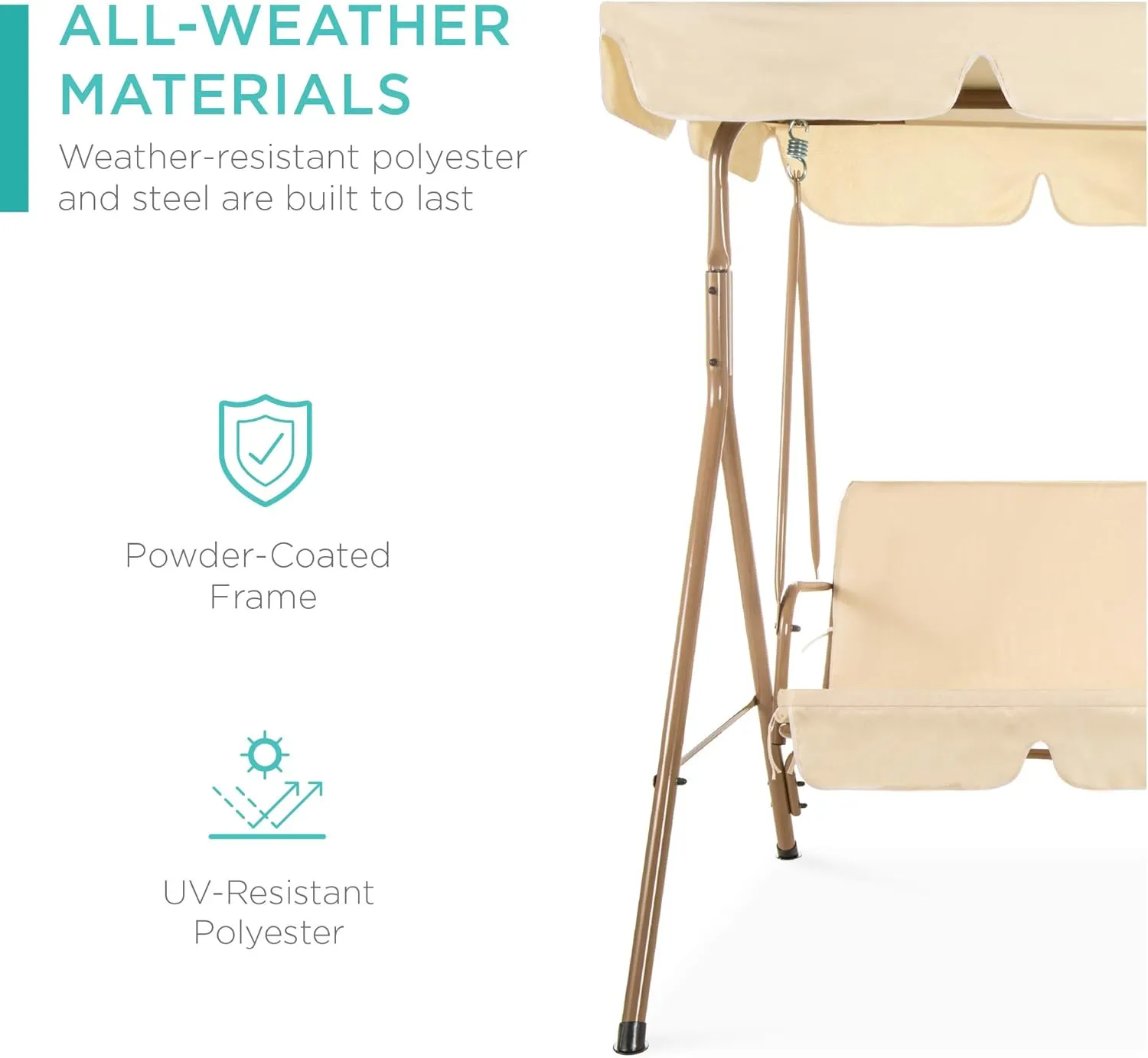 Best Choice Products 2-Person Outdoor Patio Swing Chair, Hanging Glider Porch Bench for Garden, Poolside, Backyard w/Convertible Canopy, Adjustable Shade, Removable Cushions - Beige