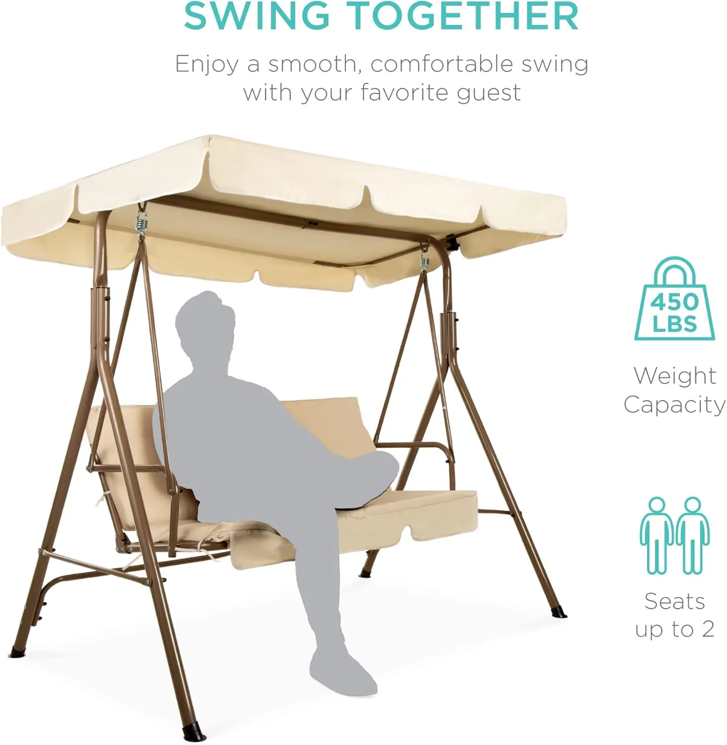 Best Choice Products 2-Person Outdoor Patio Swing Chair, Hanging Glider Porch Bench for Garden, Poolside, Backyard w/Convertible Canopy, Adjustable Shade, Removable Cushions - Beige