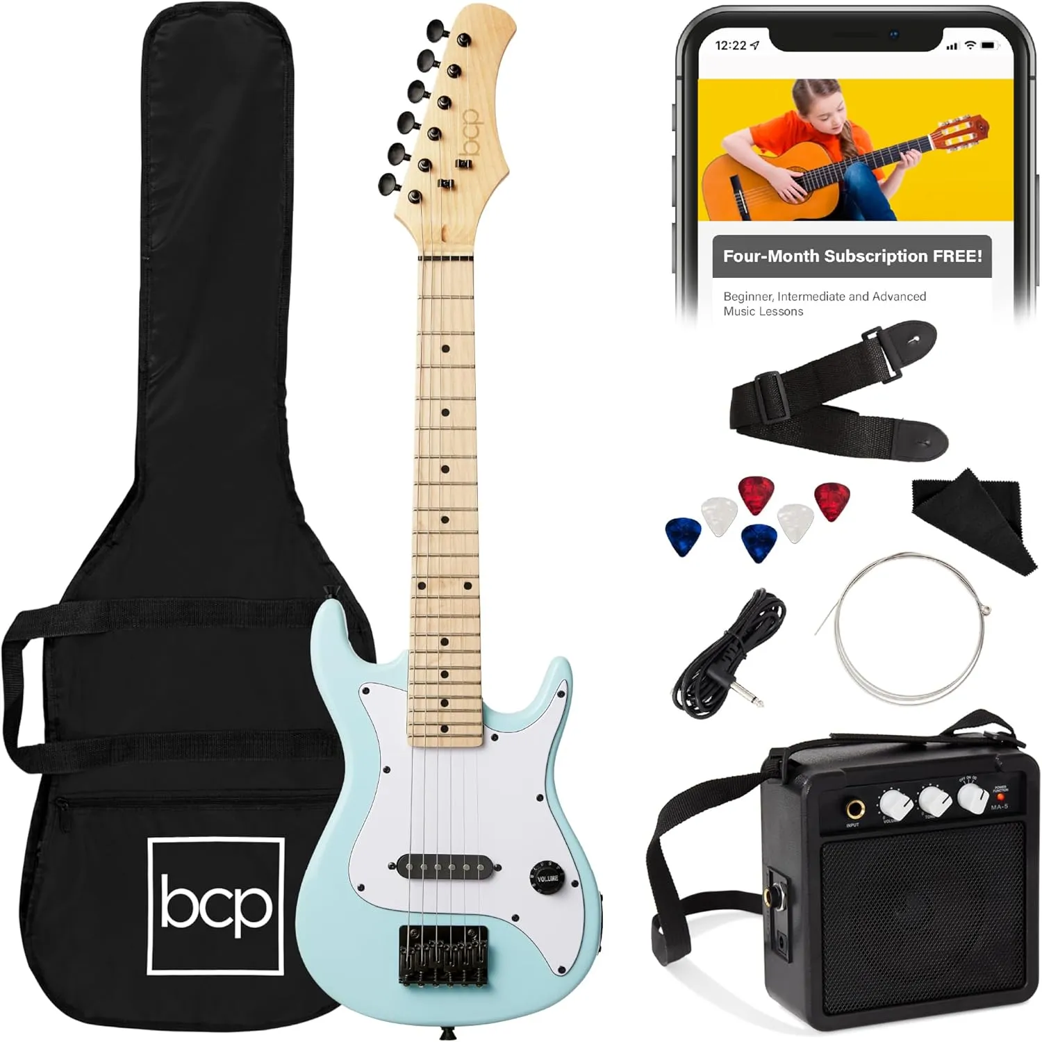 Best Choice Products 30in Kids Electric Guitar Beginner Starter Kit w/ 5W Amplifier, Strap, Gig Bag, Strings, Picks - Powder Blue