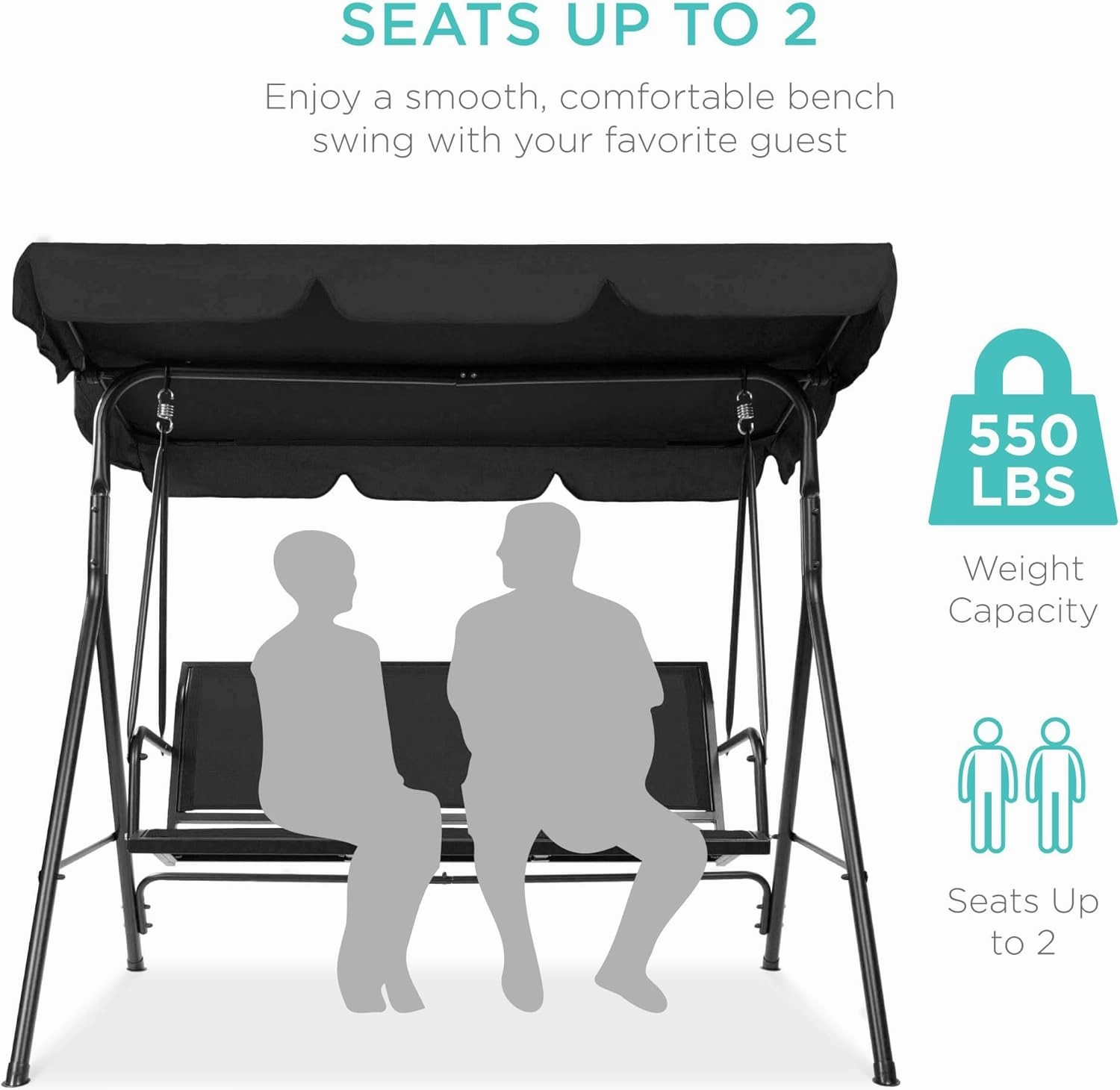 Best Choice Products 2-Seater Outdoor Adjustable Canopy Swing Glider, Patio Loveseat Bench for Deck, Porch w/Armrests, Textilene Fabric, Steel Frame - Black