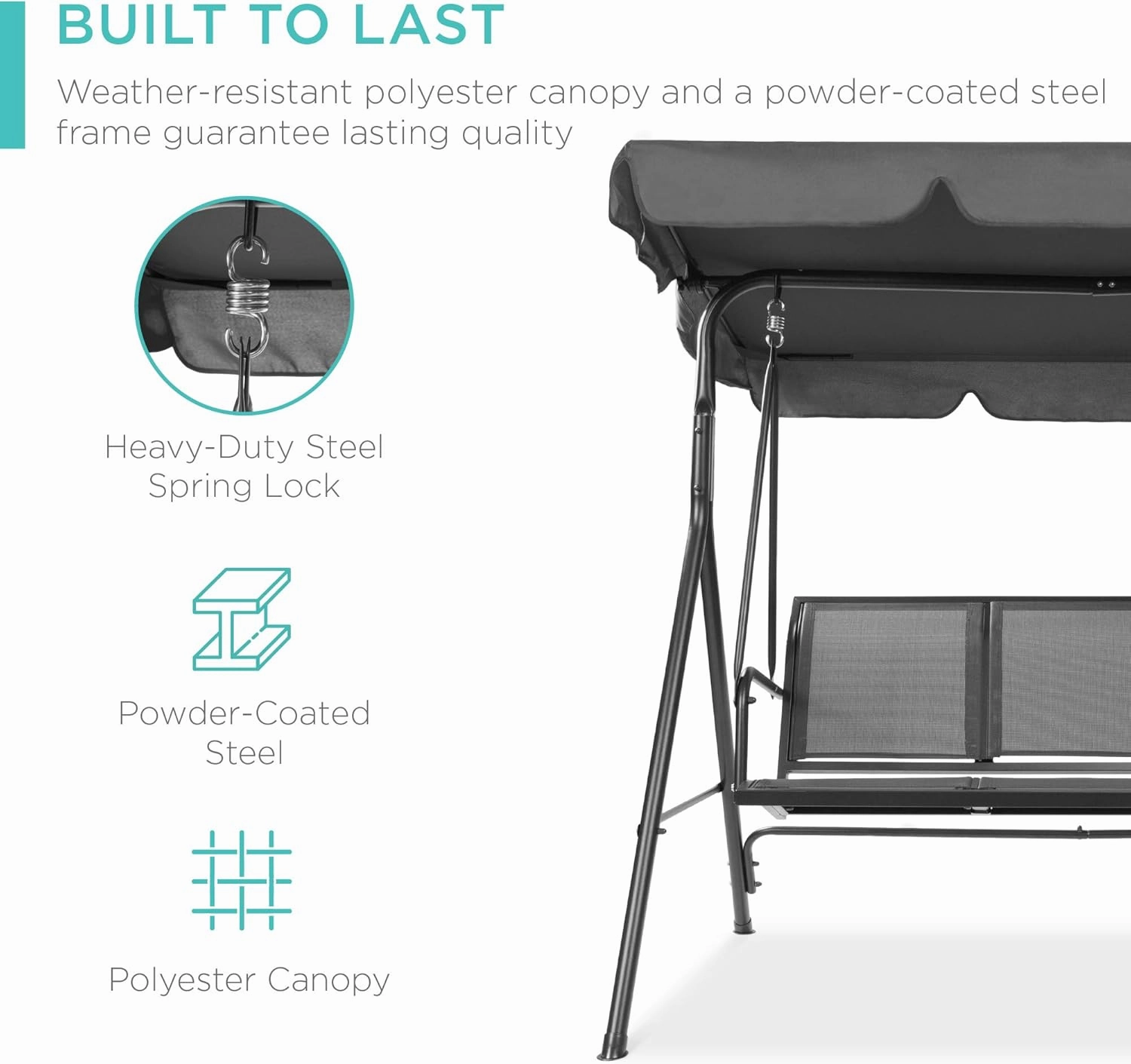 Best Choice Products 2-Seater Outdoor Adjustable Canopy Swing Glider, Patio Loveseat Bench for Deck, Porch w/Armrests, Textilene Fabric, Steel Frame - Gray