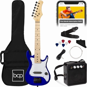Best Choice Products 30in Kids Electric Guitar Beginner Starter Kit w/ 5W Amplifier, Strap, Gig Bag, Strings, Picks - Metallic Blue