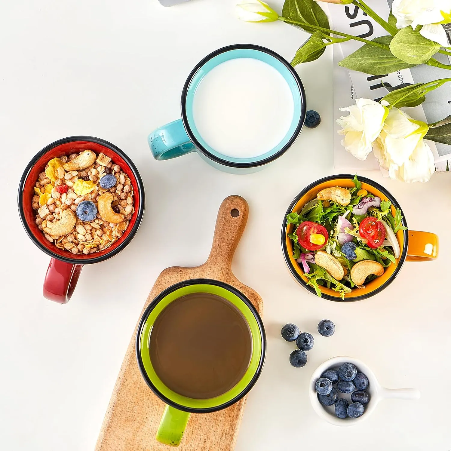 bestone Coffee Mugs Set of 6，16 oz Large Coffee Mugs, Ceramic Mugs with Handles,Coffee,Salad,Noodles etc Coffee Mugs, Cups for Coffee Cereal Latte ，Microwave & Dishwasher safe，Vibrant Colors