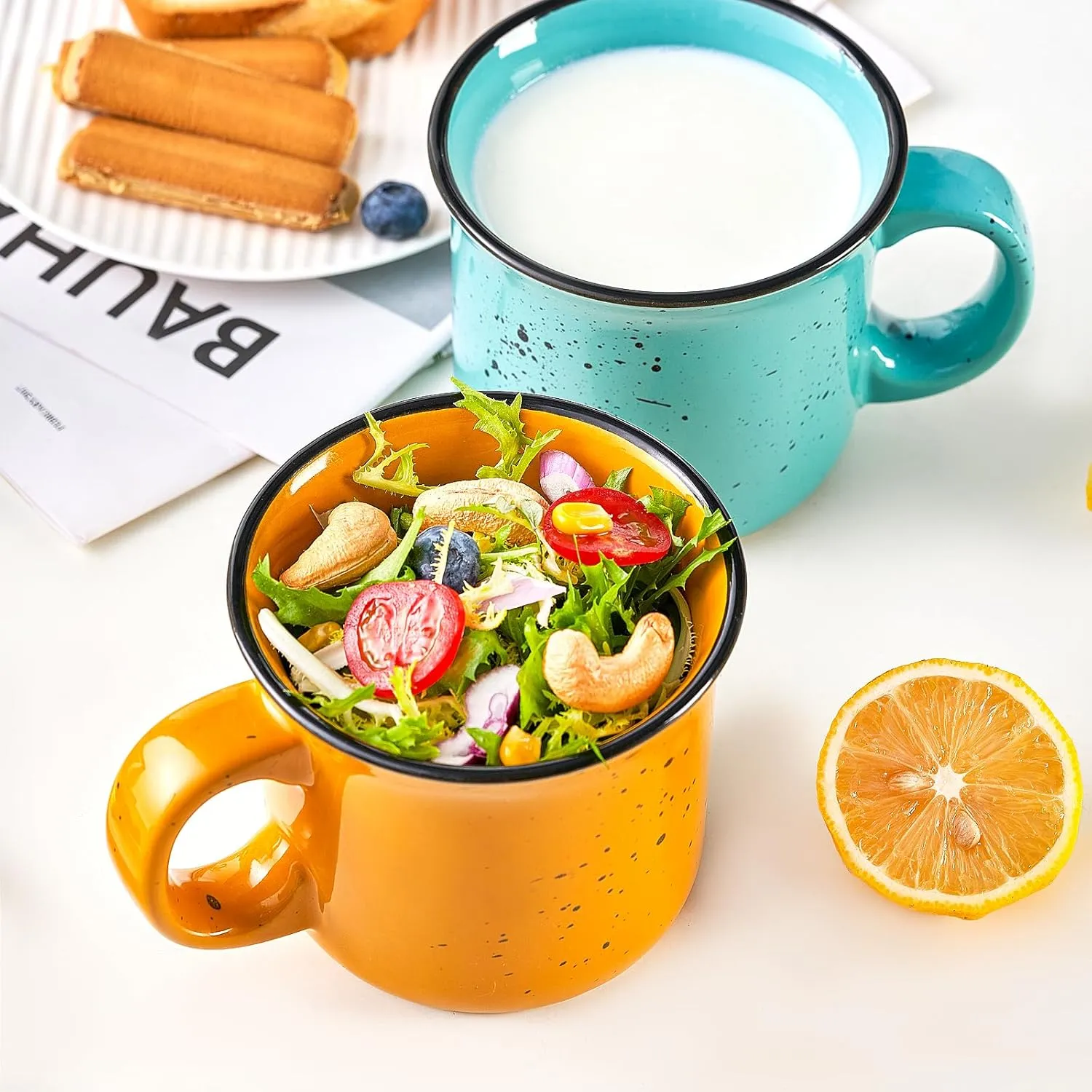 bestone Coffee Mugs Set of 6，16 oz Large Coffee Mugs, Ceramic Mugs with Handles,Coffee,Salad,Noodles etc Coffee Mugs, Cups for Coffee Cereal Latte ，Microwave & Dishwasher safe，Vibrant Colors