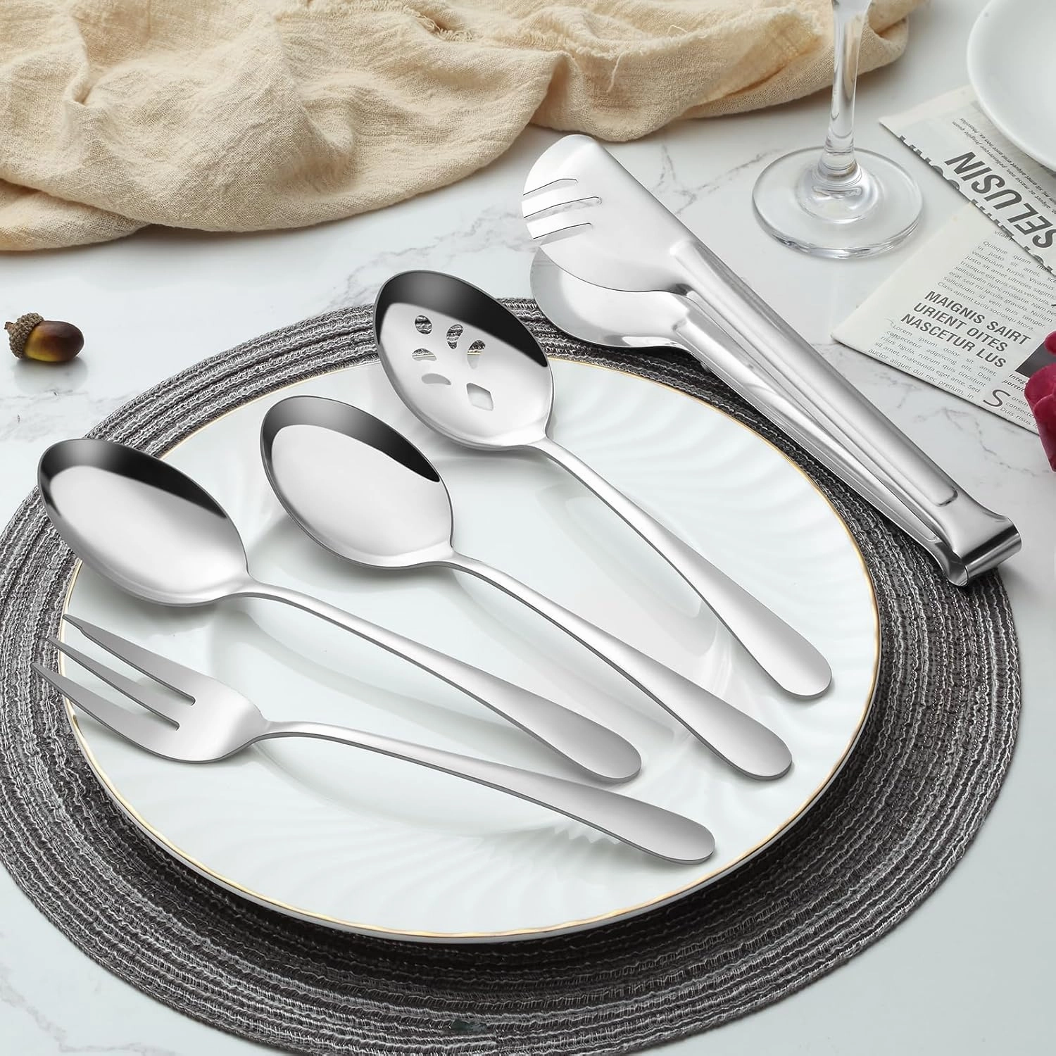 BEWOS Serving Utensils, 16-Piece Large Serving Set, 9.1” Serving Spoons, 9.1” Slotted Spoons, 9.1” Serving Forks, 9.5” Serving Tongs, Stainless Steel Serving Utensils Set for Parties, Dishwasher Safe