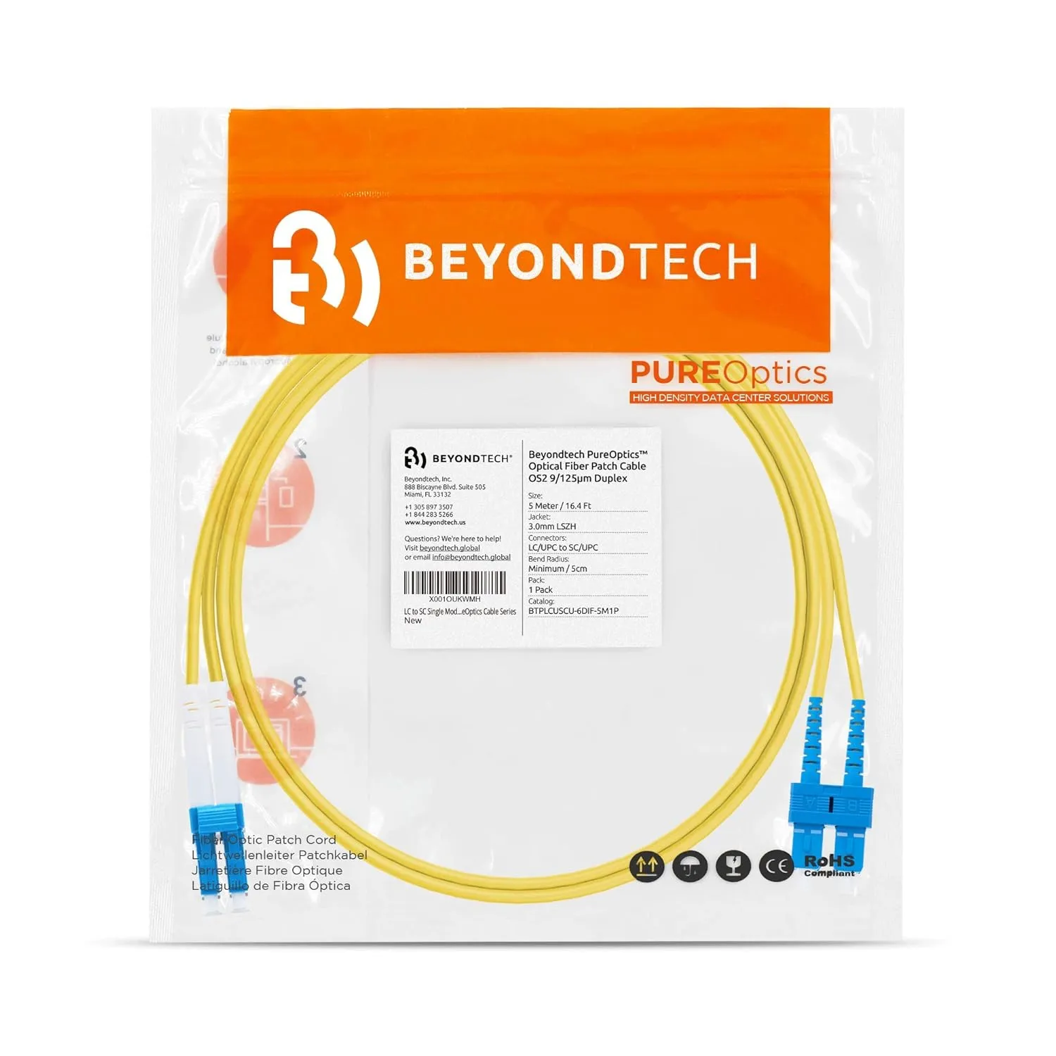 BEYONDTECH LC to SC Single Mode Fiber Patch Cord (Insensitive) - Duplex - 5M - UPC/UPC - 9/125um OS2 100G PureOptics Cable Series