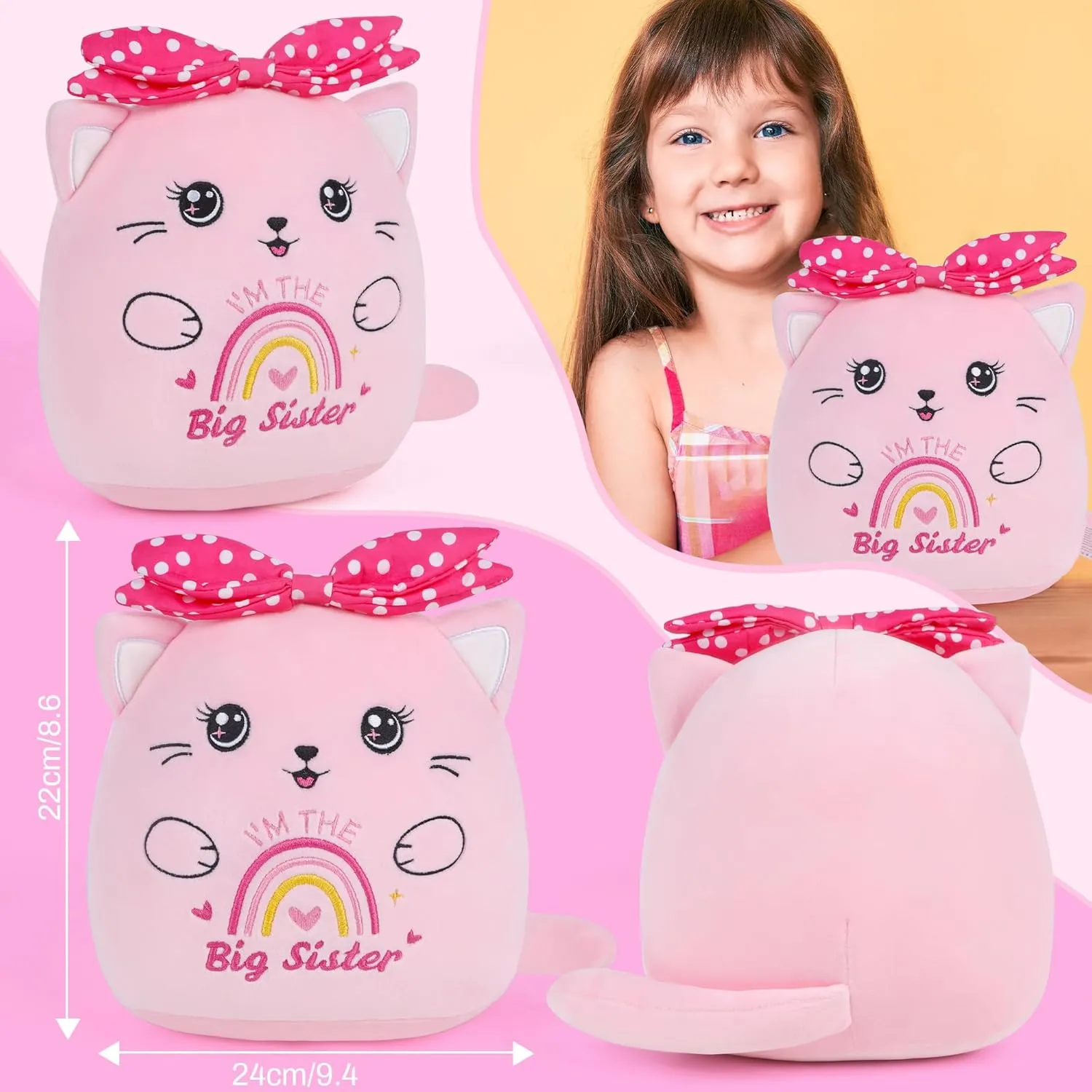 Big Sister Stuffed Animals: 9-Inch Cute I'm The Big Sister Cat Plush Toy, Pink Bow Rainbow Heart Cat Plushie Pillow, Gifts for Kids Girls Party Decor New Sibling Announcement
