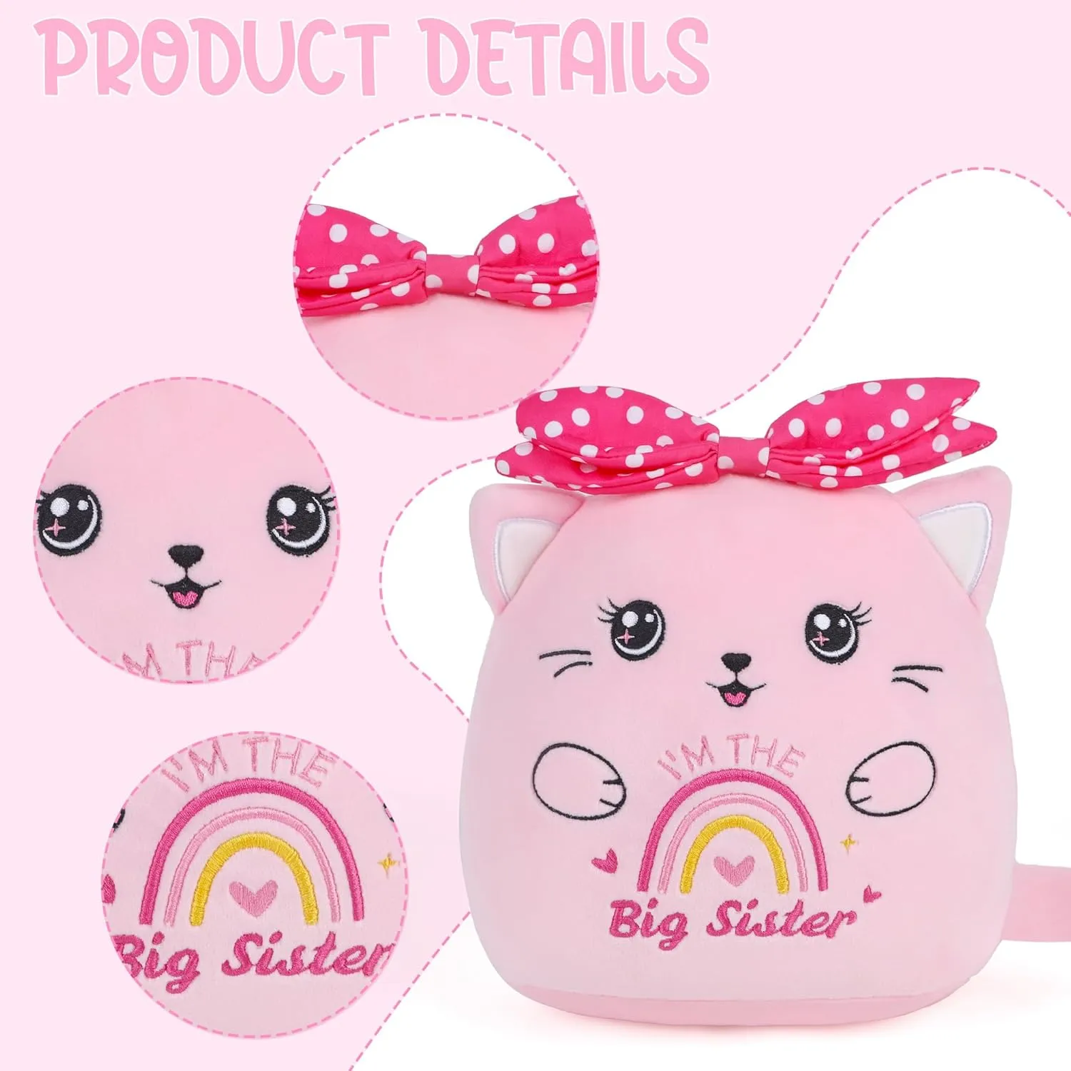 Big Sister Stuffed Animals: 9-Inch Cute I'm The Big Sister Cat Plush Toy, Pink Bow Rainbow Heart Cat Plushie Pillow, Gifts for Kids Girls Party Decor New Sibling Announcement