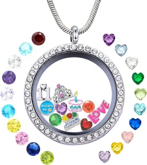 Birthday Gifts for Her, Floating Living Memory Locket Necklace Pendant with Charms & Birthstones for 6th 7th 8th 9th 10th 11th 12th 13th 14th 15th Sweet 16 18th 21st 30th