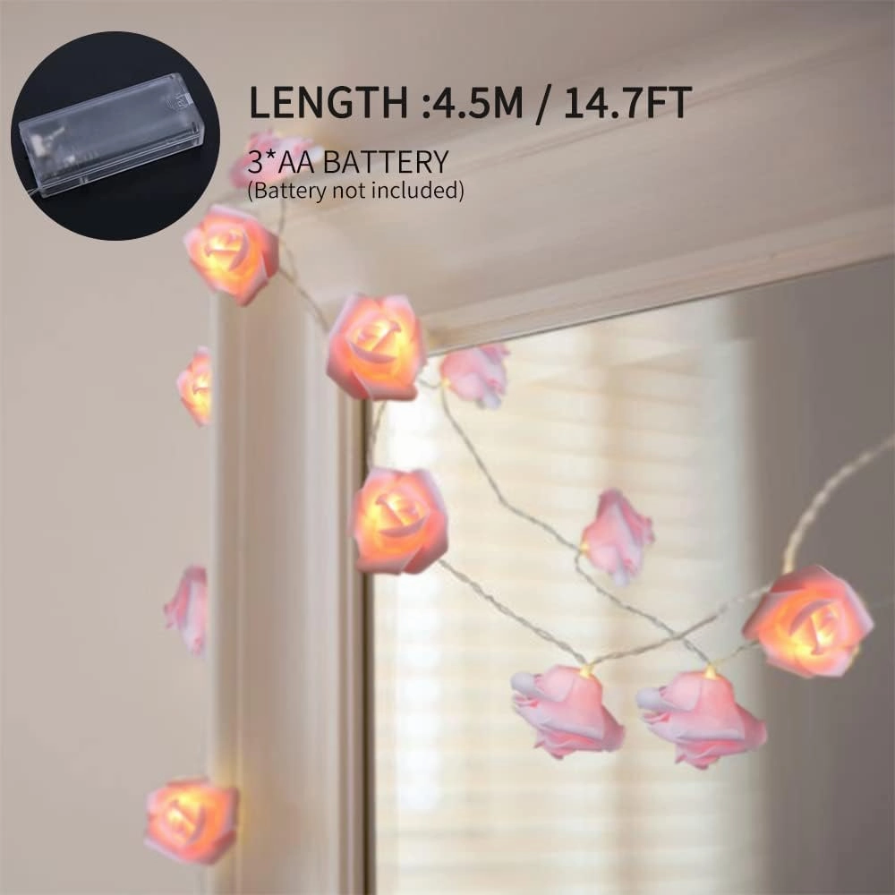 Birthday Pink Rose Flower String Lights Battery Operated, 14.7 ft Flower Fairy String Light 30 LED Garland Lights Decorations for Easter Party Wedding Mother's Day Anniversary Valentines