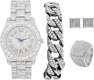 Bling-ed Out It's Lit! Hip Hop Watch & Jewerly Set w/Cuban Chain Bracelet, Kite Bling Earrings & Ring - GJM13