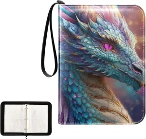 Blue Green Colorful Dragon Card Binder 4 Pocket, Trading Card Holder Fits 400 Game Cards with 50 Removable Sleeves, MTG Card Case Standard Size