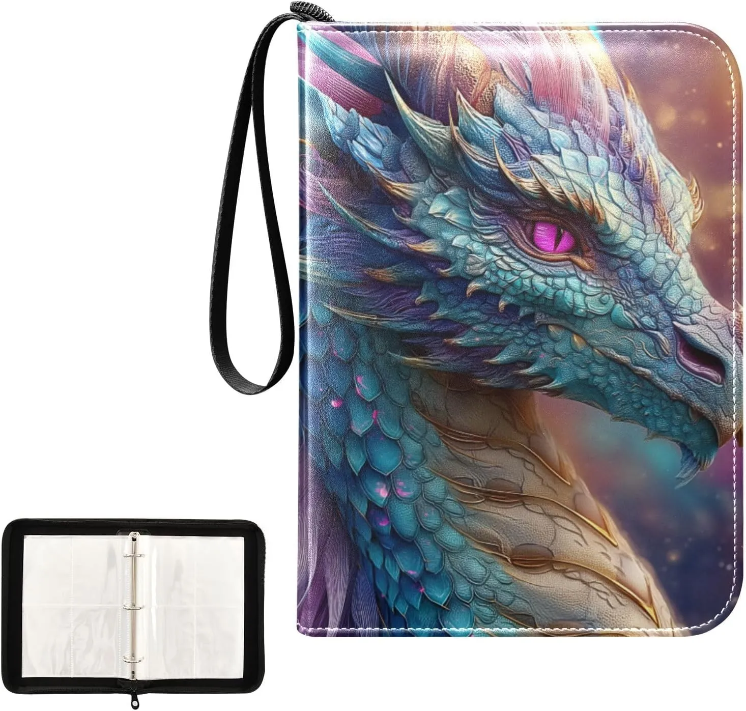 Blue Green Colorful Dragon Card Binder 4 Pocket, Trading Card Holder Fits 400 Game Cards with 50 Removable Sleeves, MTG Card Case Standard Size