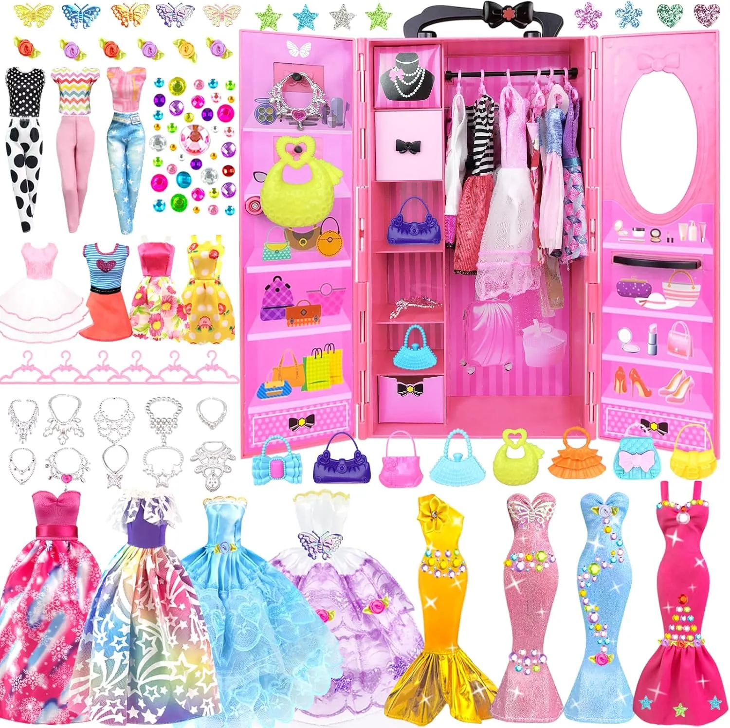 BNUZEIYI 75PCS Doll Clothes and Accessories with Closet for 11.5 Inch Doll - Fashion Design Set Including Wedding Dress Fashion Dresses Outfits Tops and Pants Hangers Bags for Girls