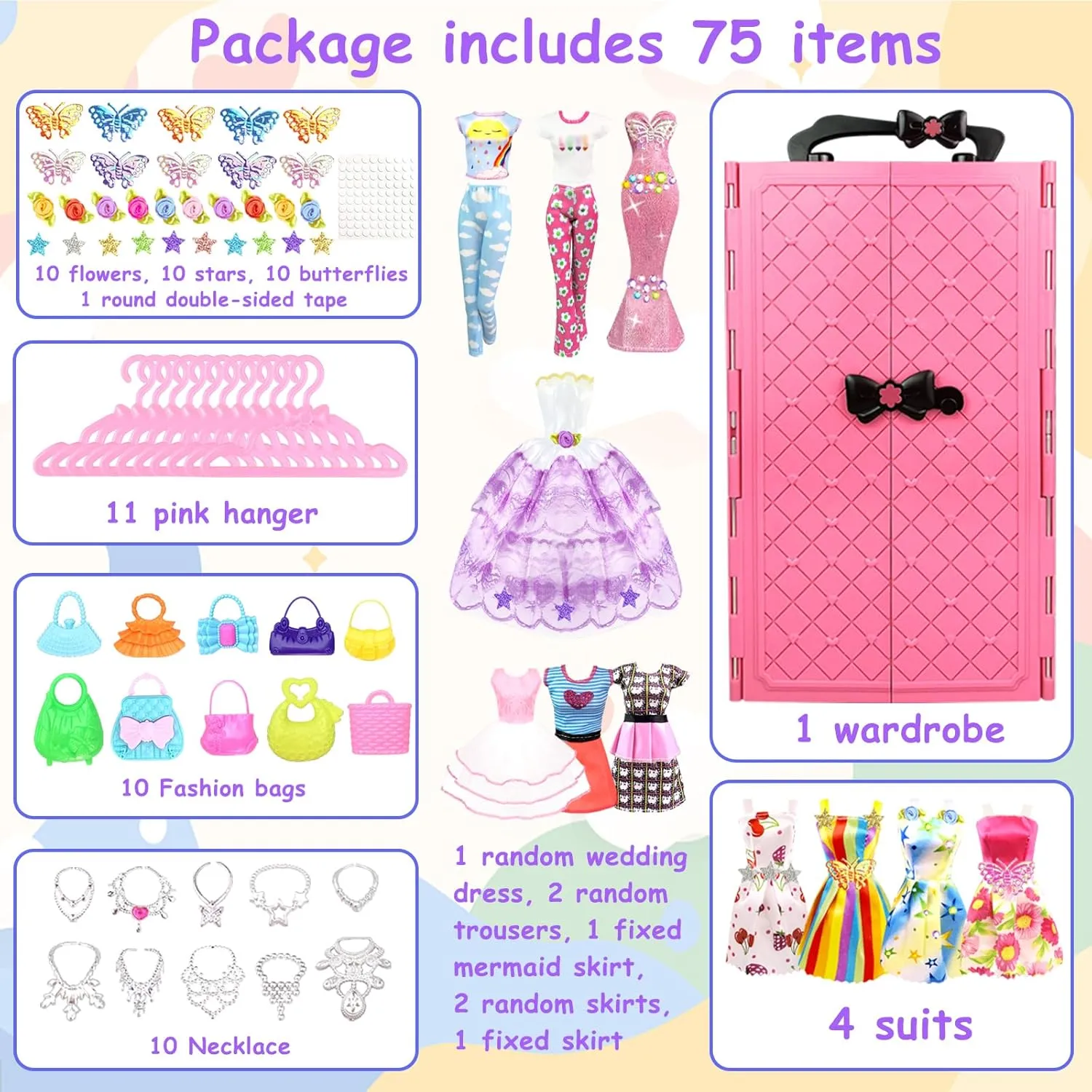 BNUZEIYI 75PCS Doll Clothes and Accessories with Closet for 11.5 Inch Doll - Fashion Design Set Including Wedding Dress Fashion Dresses Outfits Tops and Pants Hangers Bags for Girls