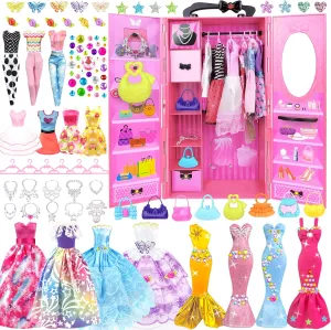 BNUZEIYI 75PCS Doll Clothes and Accessories with Closet for 11.5 Inch Doll - Fashion Design Set Including Wedding Dress Fashion Dresses Outfits Tops and Pants Hangers Bags for Girls