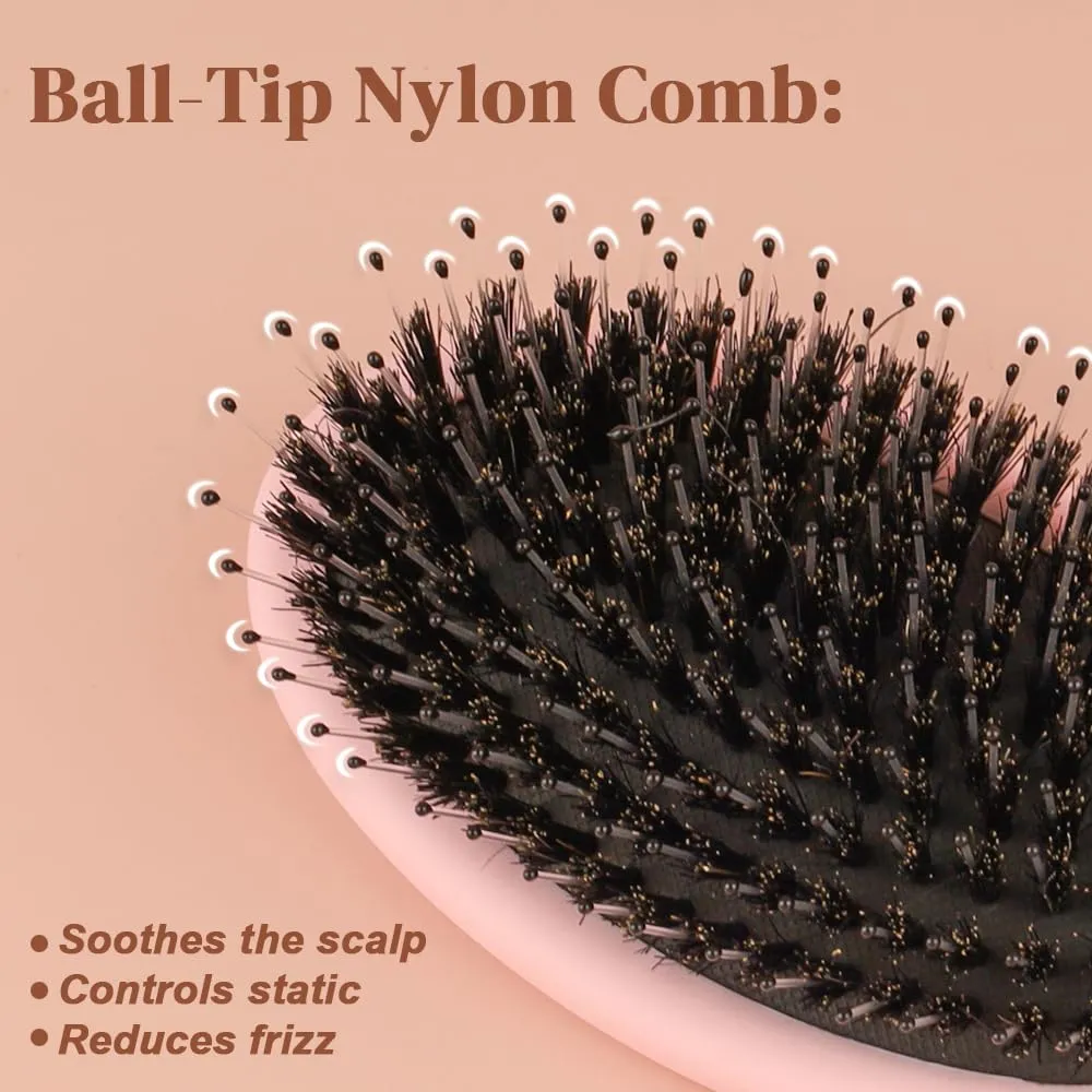 Boar Bristle Hair Brush for Women Matte Finish Paddle Detangling Hair Brush Nylon Teeth with Round Tip Natural Cushion Brush for Hair Styling Smoothing Detangling (Pink Set)