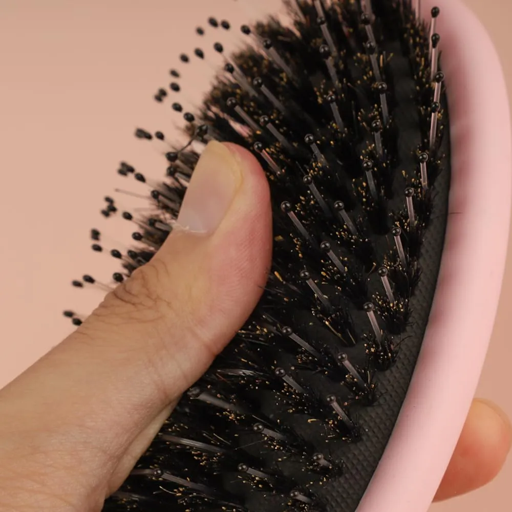 Boar Bristle Hair Brush for Women Matte Finish Paddle Detangling Hair Brush Nylon Teeth with Round Tip Natural Cushion Brush for Hair Styling Smoothing Detangling (Pink Set)