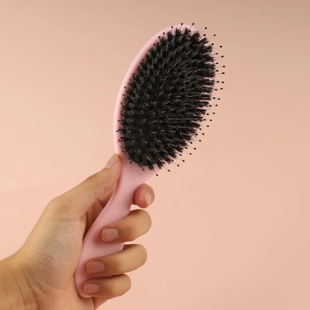 Boar Bristle Hair Brush for Women Matte Finish Paddle Detangling Hair Brush Nylon Teeth with Round Tip Natural Cushion Brush for Hair Styling Smoothing Detangling (Pink Set)
