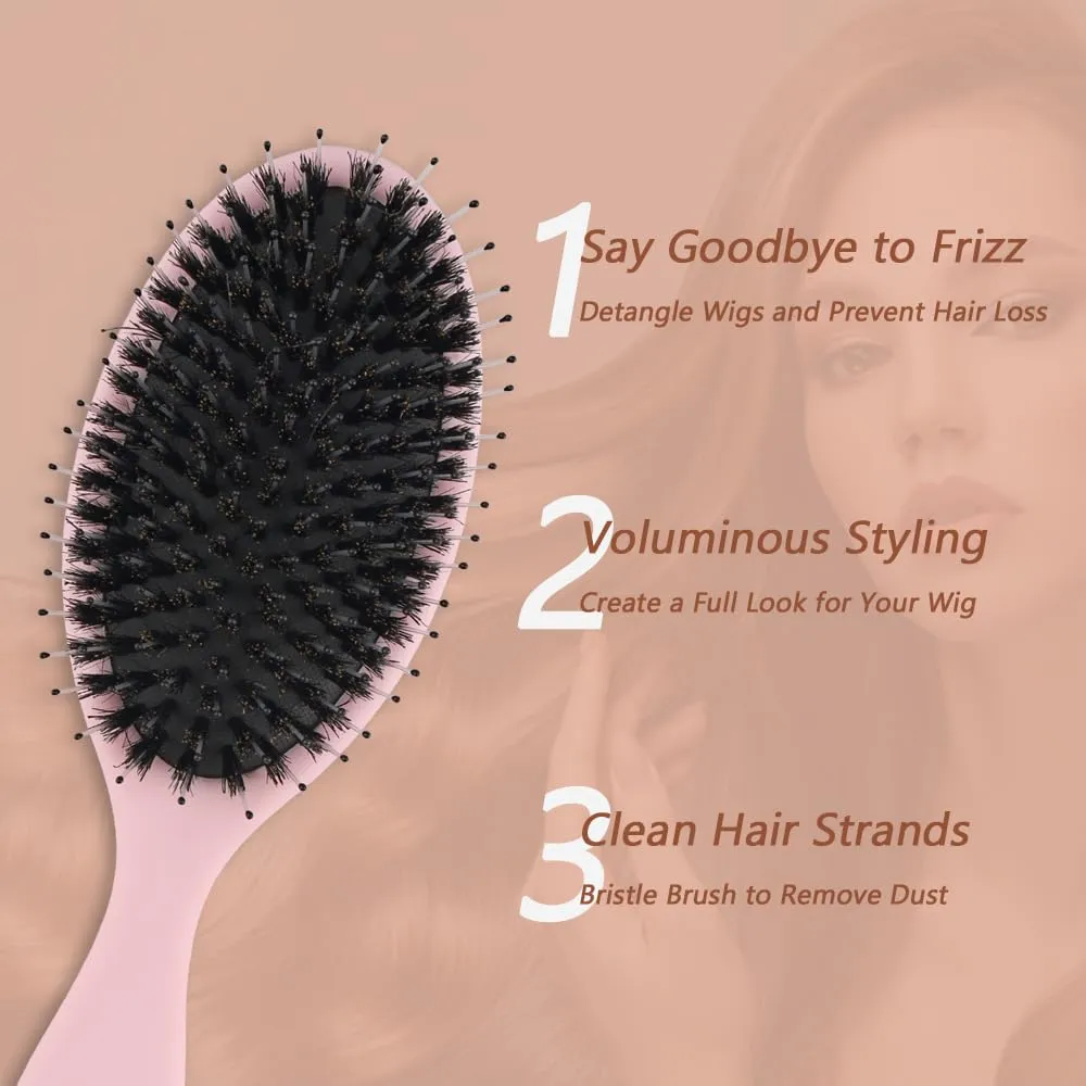 Boar Bristle Hair Brush for Women Matte Finish Paddle Detangling Hair Brush Nylon Teeth with Round Tip Natural Cushion Brush for Hair Styling Smoothing Detangling (Pink Set)