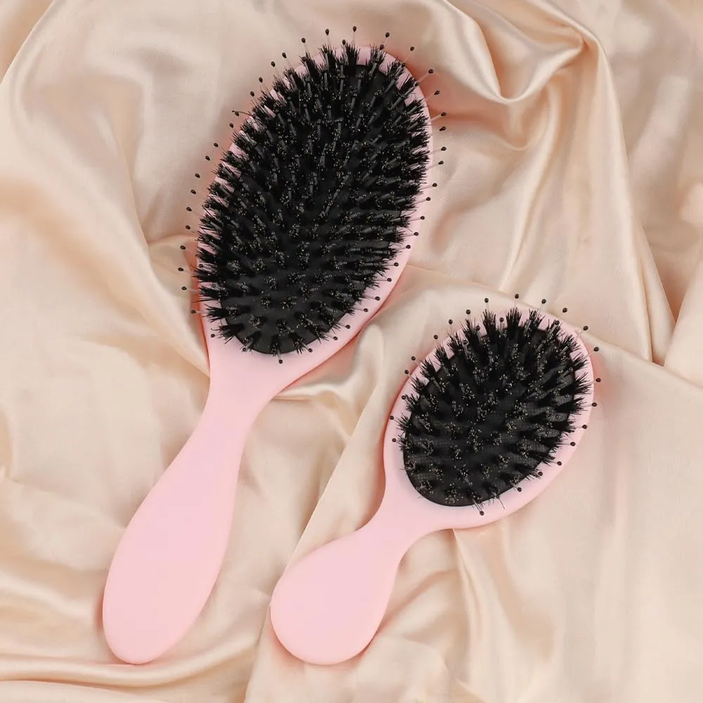 Boar Bristle Hair Brush for Women Matte Finish Paddle Detangling Hair Brush Nylon Teeth with Round Tip Natural Cushion Brush for Hair Styling Smoothing Detangling (Pink Set)
